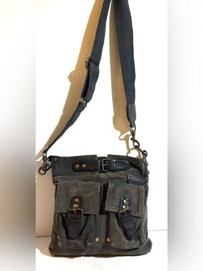 Canvas vintage Crossbody distressed suede  leather Bag - Dark grey black